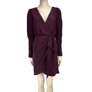 CAMAIEU French Satin Ruched Gatered Waist Long sleeves Eggplant Mini Dress sz 36